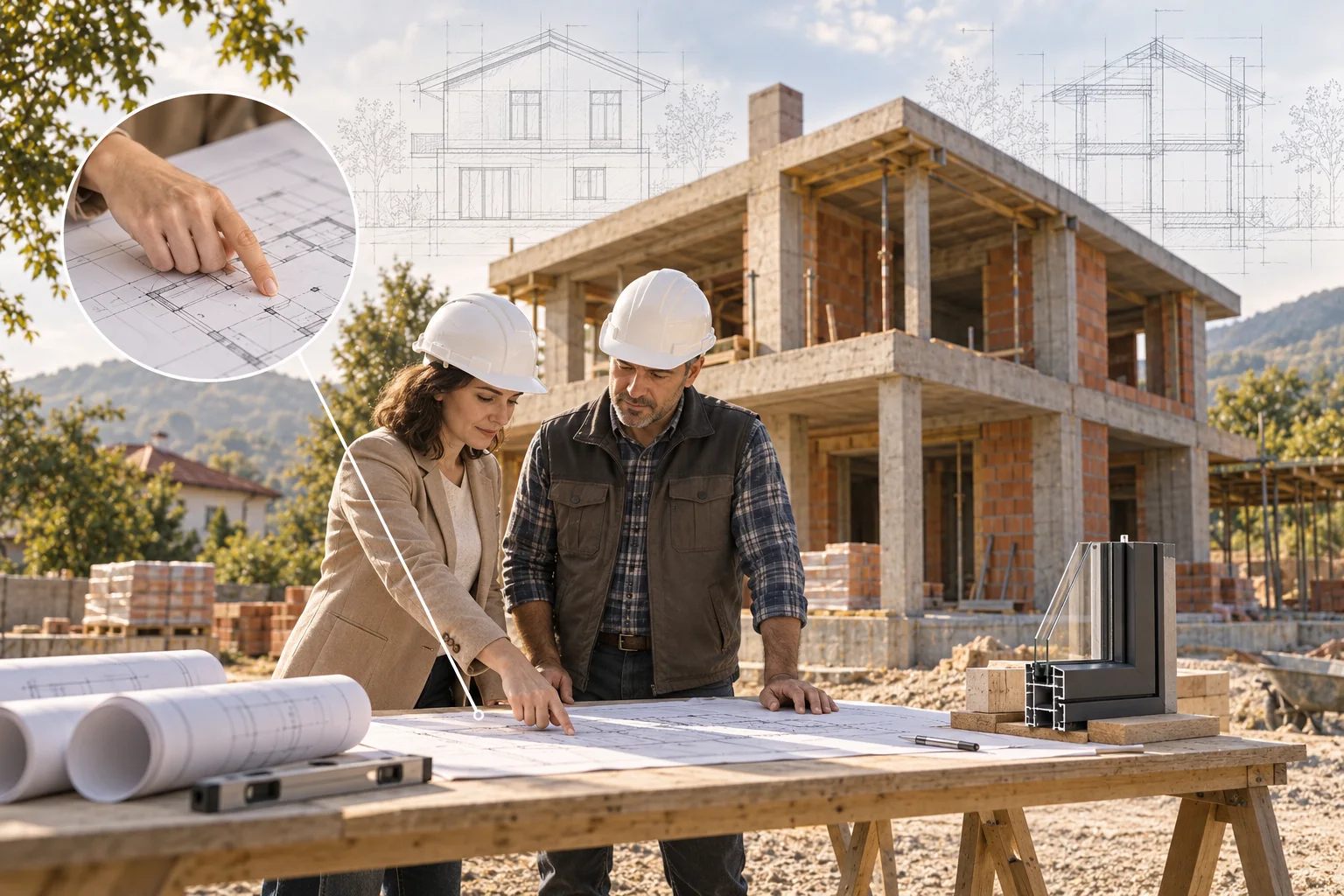 Ilustrație conceptuală cu doi specialiști care analizează planurile lângă o casă în construcție