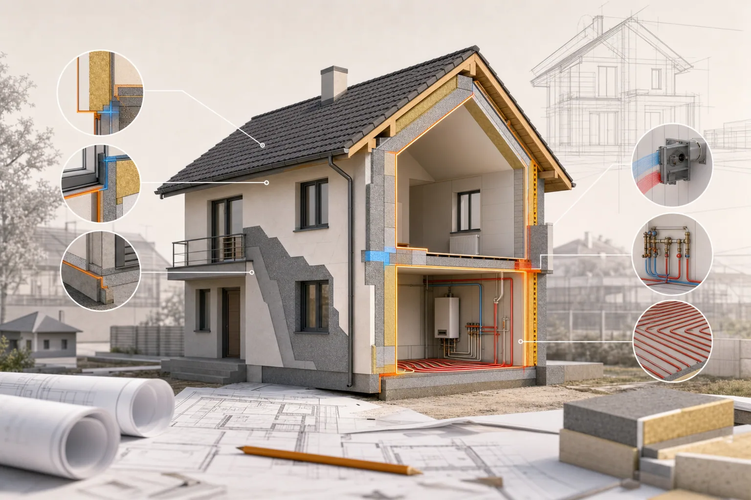 Diagramă tehnică despre renovarea energetică a unei case existente, cu anvelopa și sistemele tehnice evidențiate