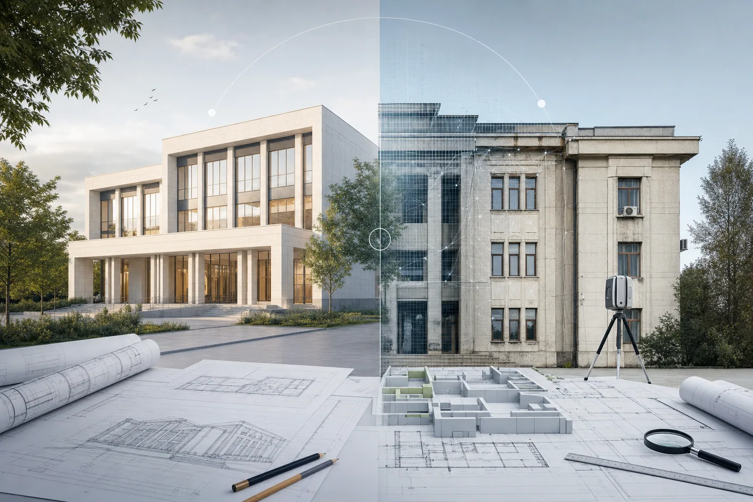Comparație vizuală între o investiție publică nouă și intervenția asupra unei clădiri existente
