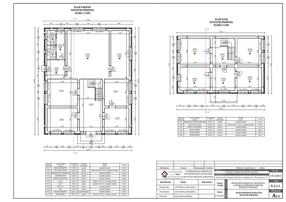 Renovare energetică moderată a sediului Primăriei comunei Bengești-Ciocadia — Plan parter și plan etaj — propus