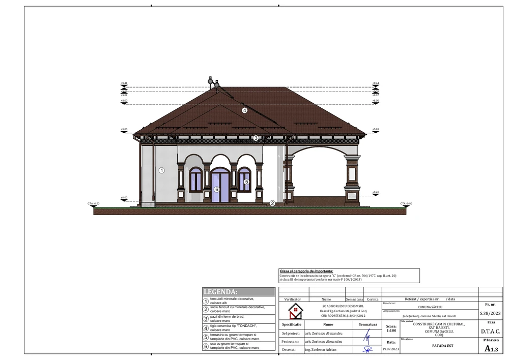 Construire cămin cultural, sat Hăiești, comuna Săcelu, Gorj — Fațada est — principală