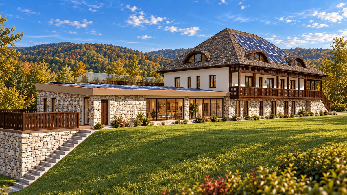 Construire pensiune turistică, foișor, piscină, parcare, loc de joacă pentru copii, împrejmuire, bazin vidanjabil, amenajare exterioară — randare 2