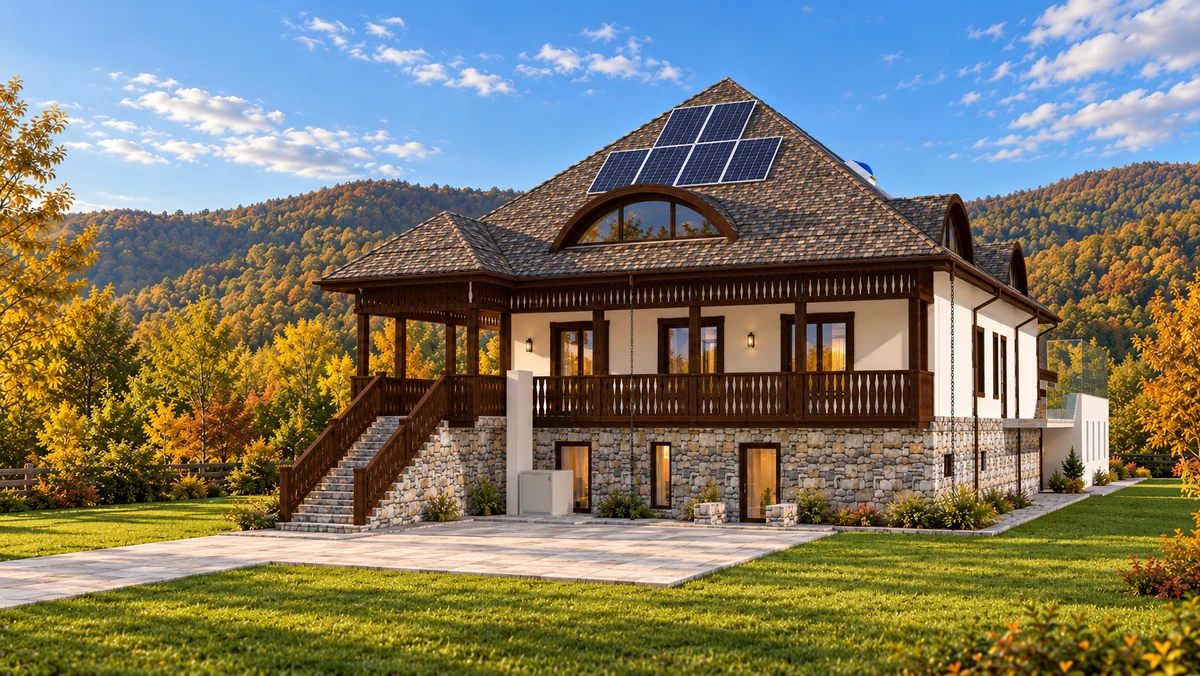 Construire pensiune turistică, foișor, piscină, parcare, loc de joacă pentru copii, împrejmuire, bazin vidanjabil, amenajare exterioară — randare 3