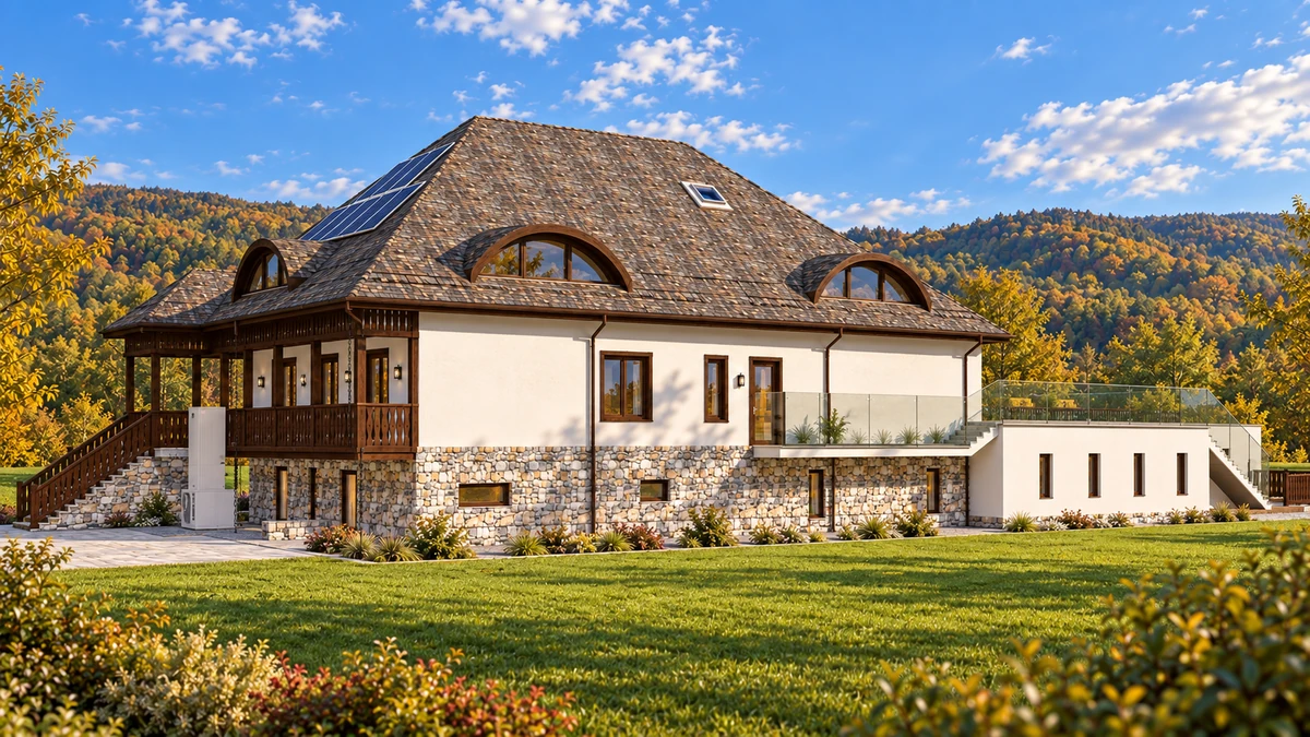 Construire pensiune turistică, foișor, piscină, parcare, loc de joacă pentru copii, împrejmuire, bazin vidanjabil, amenajare exterioară — randare 5