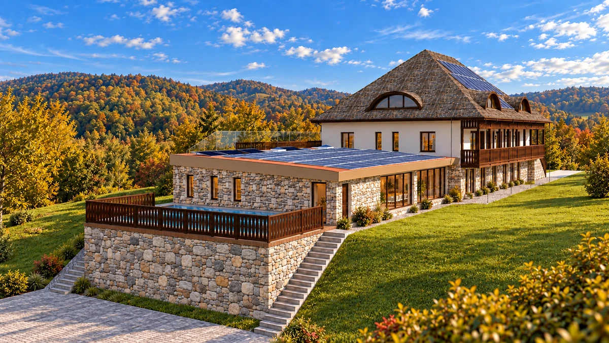 Construire pensiune turistică, foișor, piscină, parcare, loc de joacă pentru copii, împrejmuire, bazin vidanjabil, amenajare exterioară — randare 6
