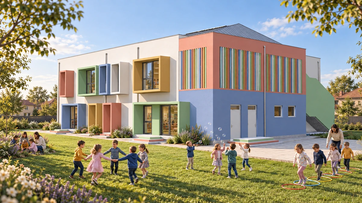 Construire grădiniță cu program prelungit, loc de joacă, refacere împrejmuire și amenajare incintă — randare 3