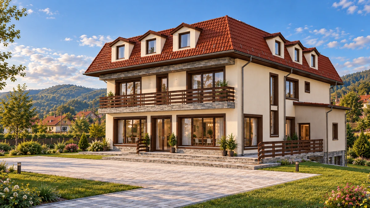 Amenajare structură turistică cu funcțiuni de cazare, terasă de vară și sistematizare pe verticală în comuna Baia de Fier — randare 3
