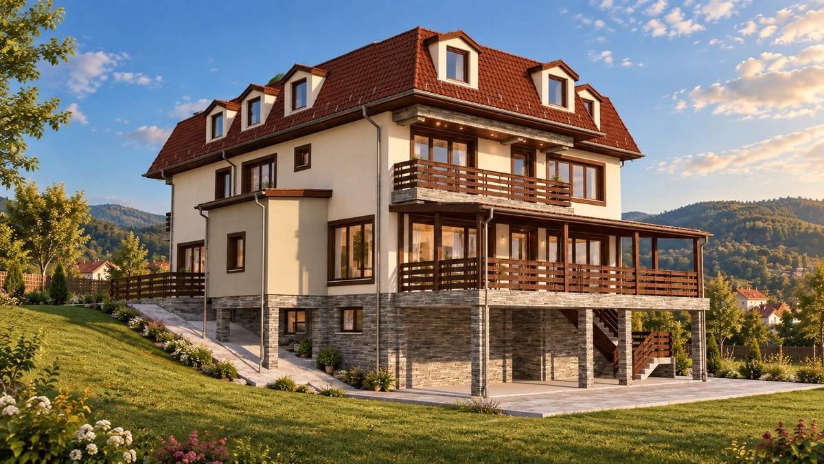 Amenajare structură turistică cu funcțiuni de cazare, terasă de vară și sistematizare pe verticală în comuna Baia de Fier — randare 4