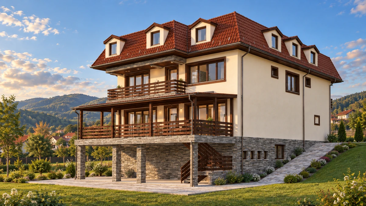 Amenajare structură turistică cu funcțiuni de cazare, terasă de vară și sistematizare pe verticală în comuna Baia de Fier — randare 5