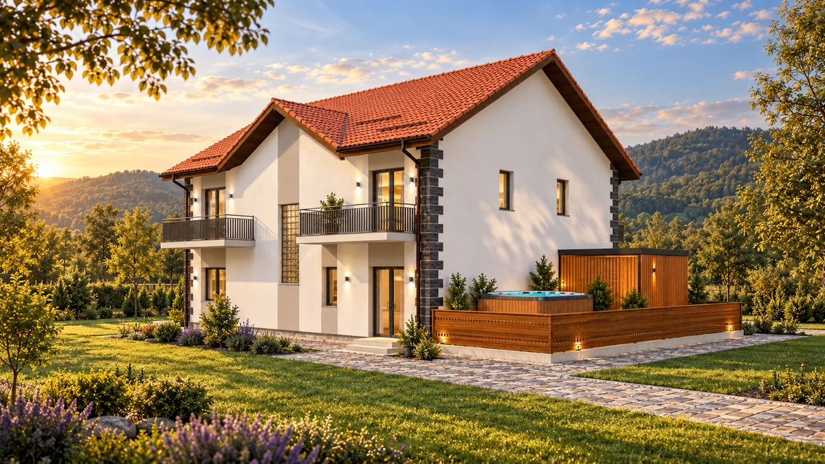 Construire pensiune turistică P+E, împrejmuire, bazin vidanjabil — randare 3
