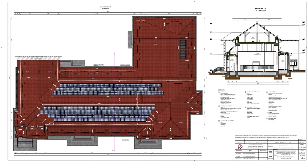 Reabilitare energetică și modernizare clădiri instituții publice comuna Moțăței (primărie și cămin cultural — corpuri C1, C2, C3) — Plan învelitoare și secțiune — propus