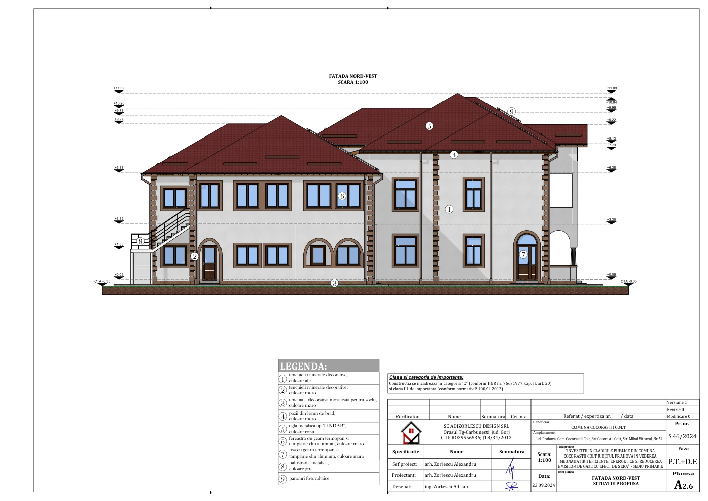 Investiții în clădirile publice din comuna Cocorăștii-Colț pentru îmbunătățirea eficienței energetice și reducerea emisiilor de gaze cu efect de seră — Sediu Primărie — Fațadă laterală nord-vest — propusă