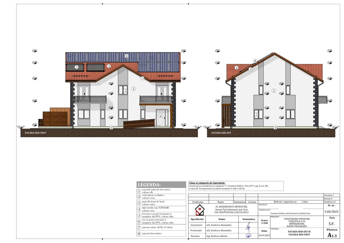 Construire pensiune turistică P+E, împrejmuire, bazin vidanjabil — Fațade sud-est și sud-vest — SF