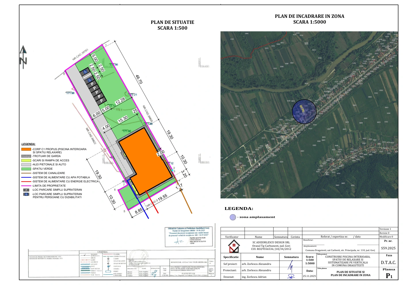Construire piscină interioară, spațiu de relaxare și sistematizare pe verticală în comuna Drăguțești — Plan de situație și încadrare în zonă