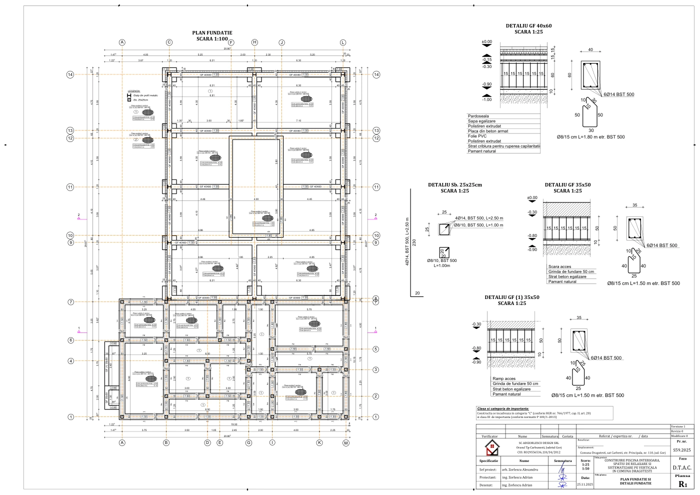 Construire piscină interioară, spațiu de relaxare și sistematizare pe verticală în comuna Drăguțești — Plan fundații și detalii