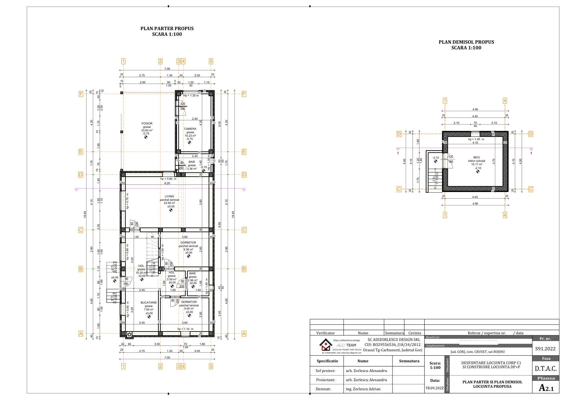 Desființare locuință corp C1 și construire locuință Dp+P — Plan parter și demisol parțial propus