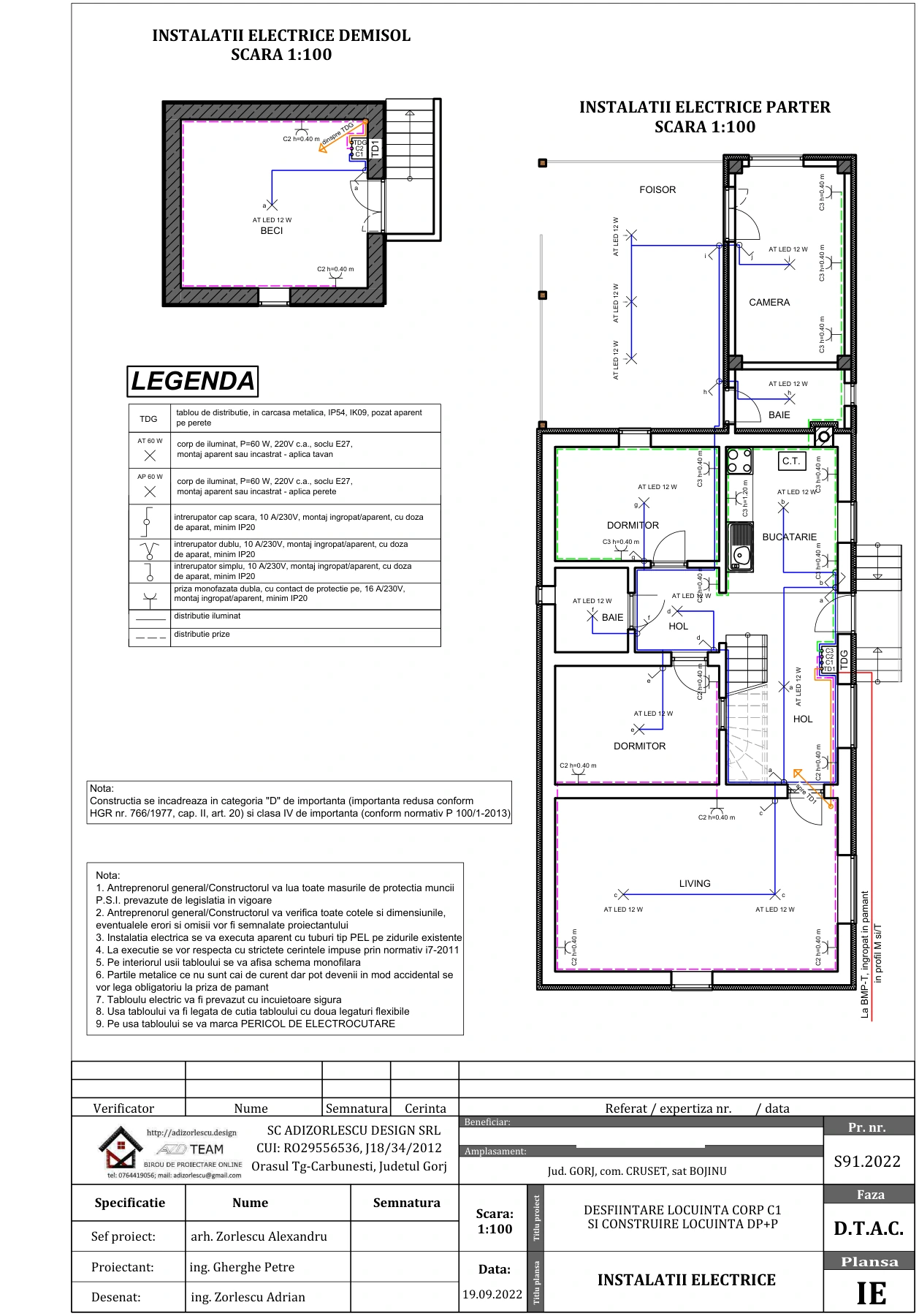 Desființare locuință corp C1 și construire locuință Dp+P — Instalații electrice — demisol parțial și parter