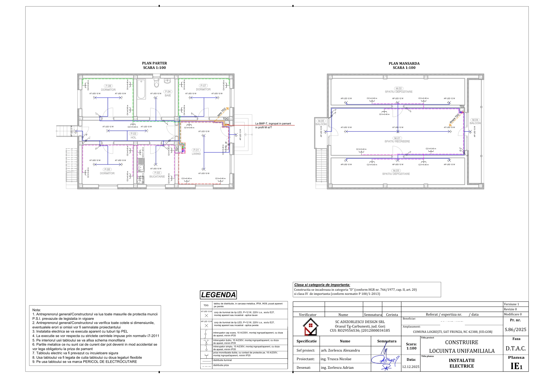 Construire locuință unifamilială — Instalații electrice — parter și mansardă