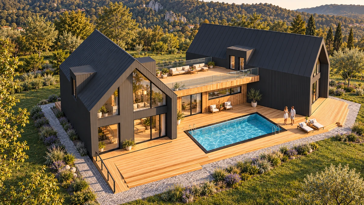 Pensiune cu două frontoane și piscină în grădină — randare 5