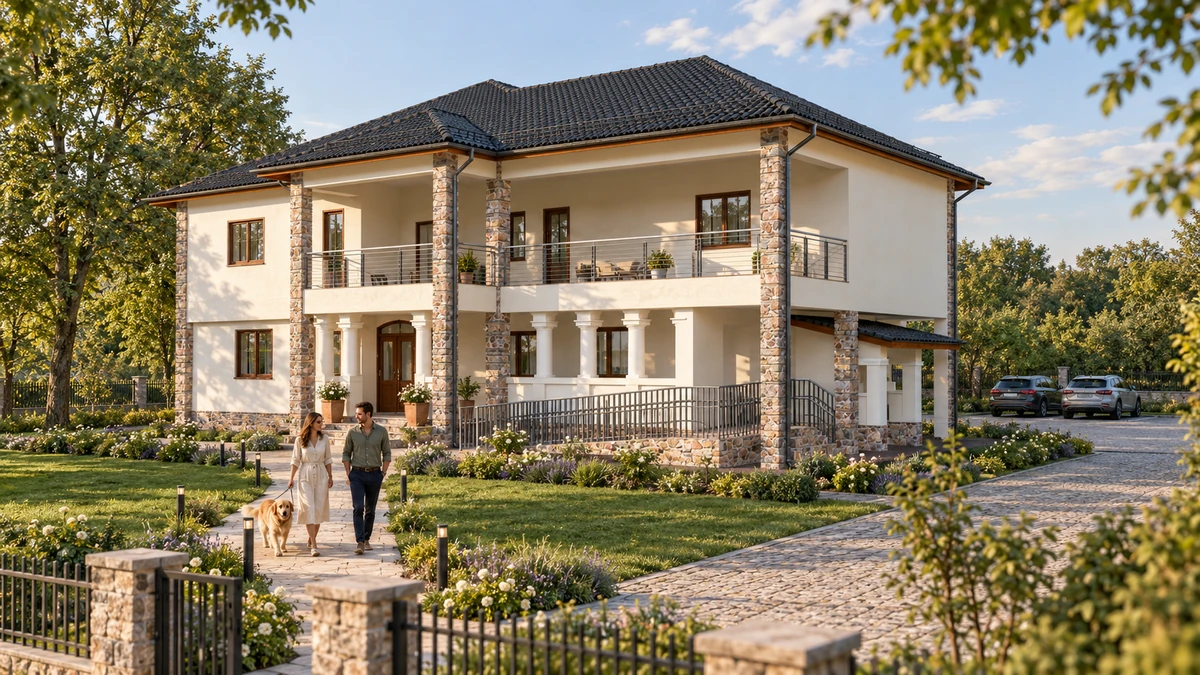 Conac cu logie și coloane placate cu piatră — randare 1