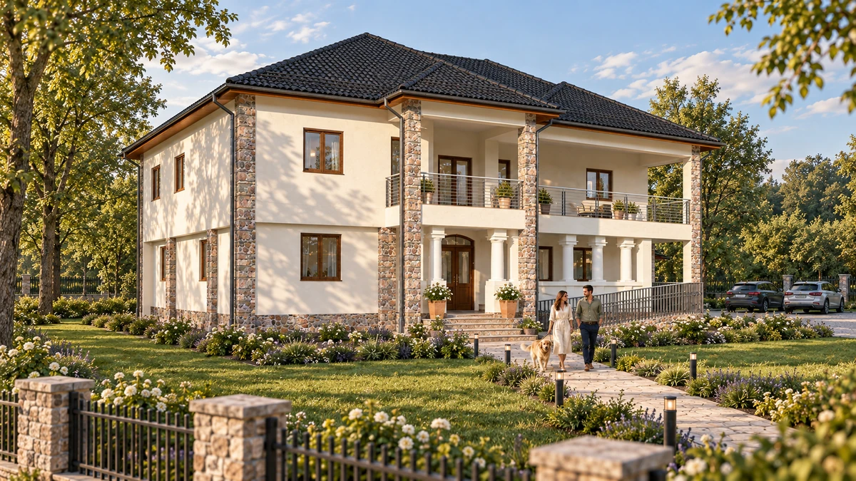 Conac cu logie și coloane placate cu piatră — randare 2