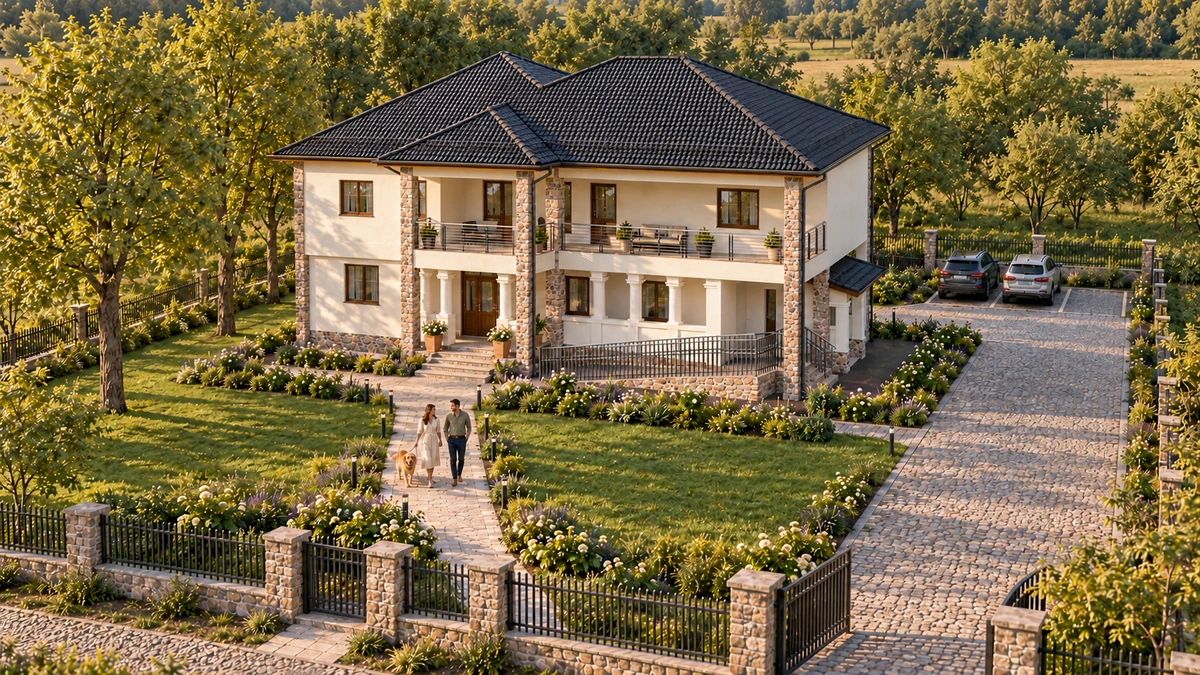 Conac cu logie și coloane placate cu piatră — randare 3