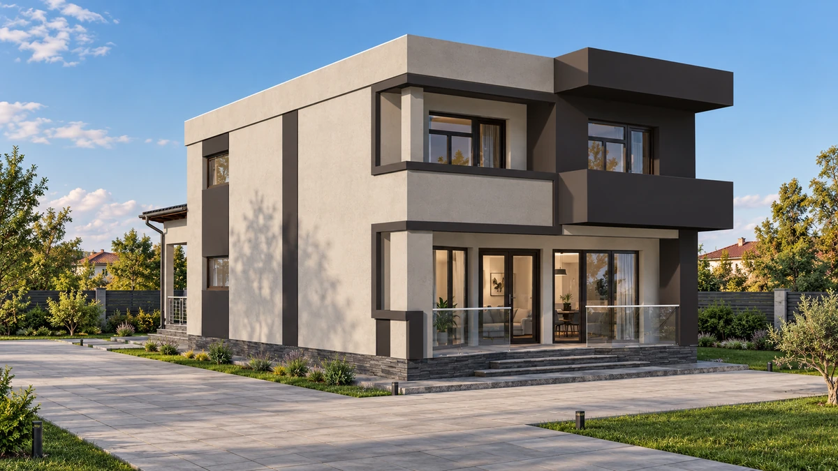 Casă contemporană cu balcon și volume orizontale — randare 1
