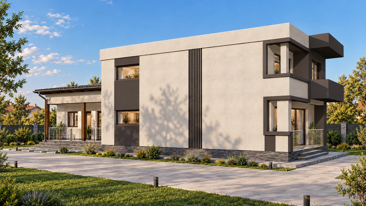 Casă contemporană cu balcon și volume orizontale — randare 2