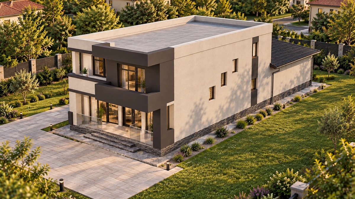 Casă contemporană cu balcon și volume orizontale — randare 3