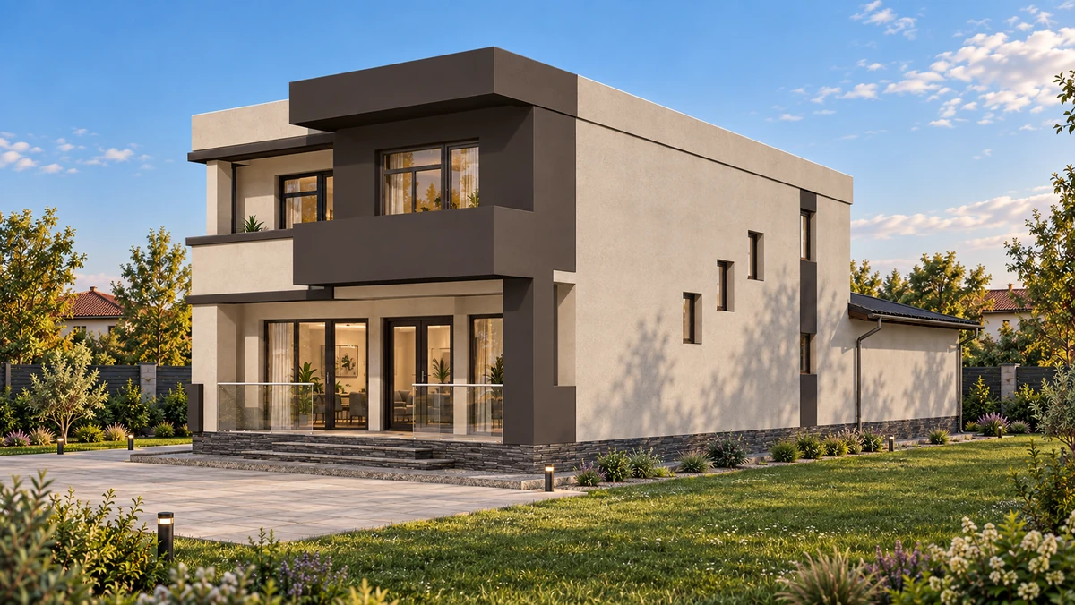 Casă contemporană cu balcon și volume orizontale — randare 4
