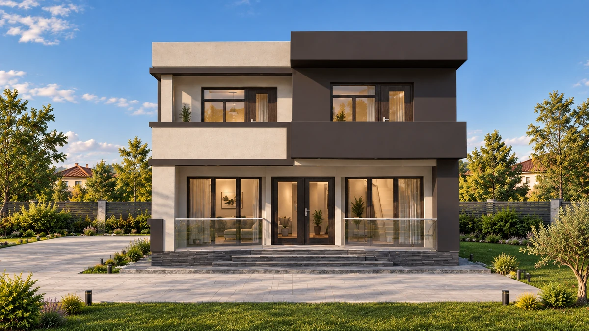 Casă contemporană cu balcon și volume orizontale — randare 6