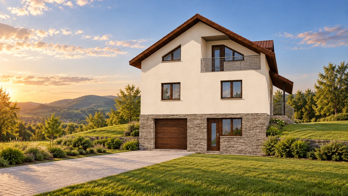 Casă pe teren în pantă, cu garaj și balcon — randare 2