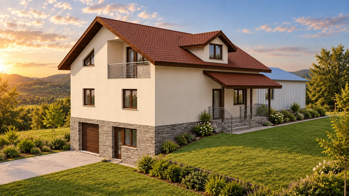 Casă pe teren în pantă, cu garaj și balcon — randare 4