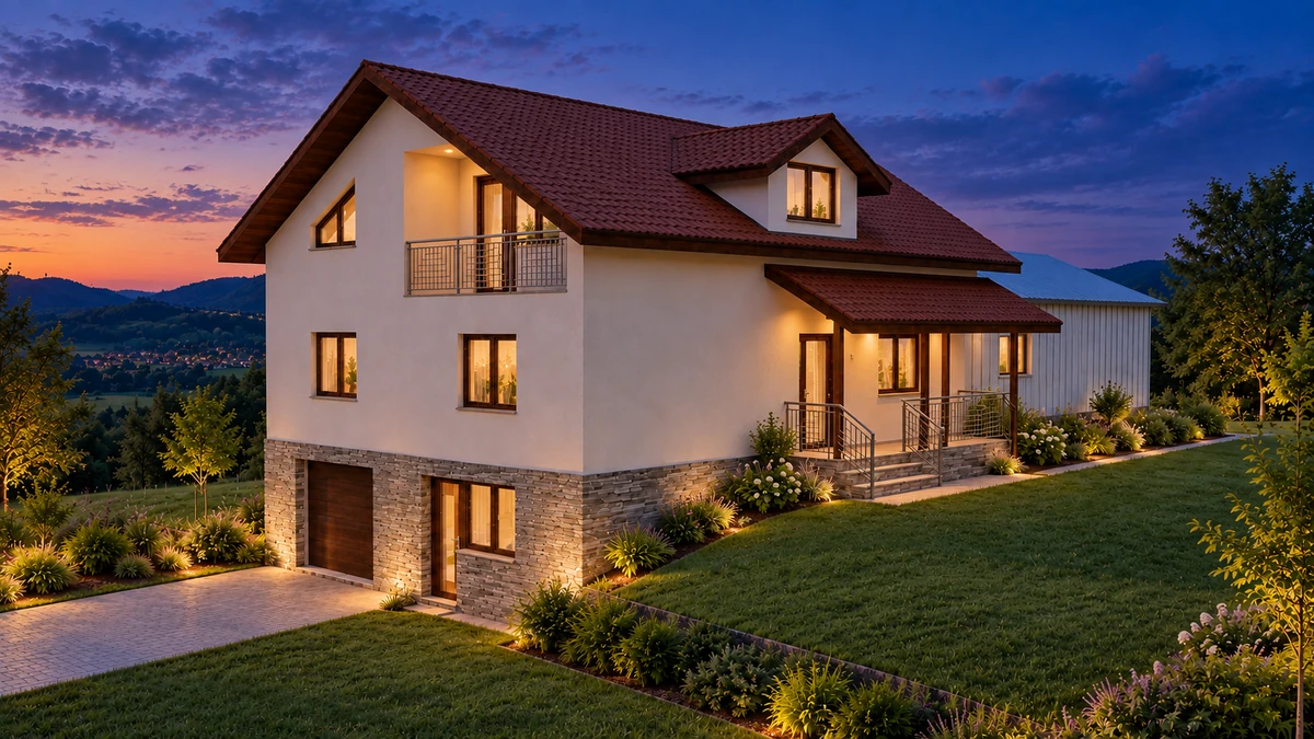 Casă pe teren în pantă, cu garaj și balcon — randare 6