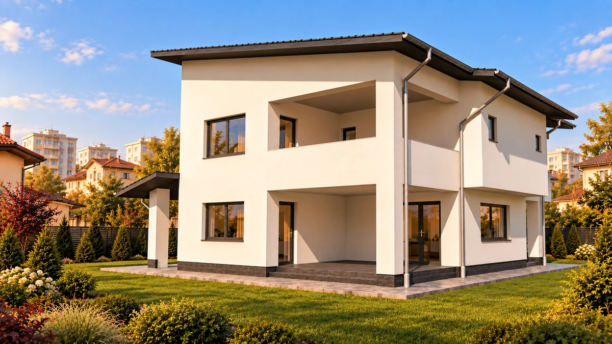 Casă cu acoperiș asimetric și balcon protejat — randare 4