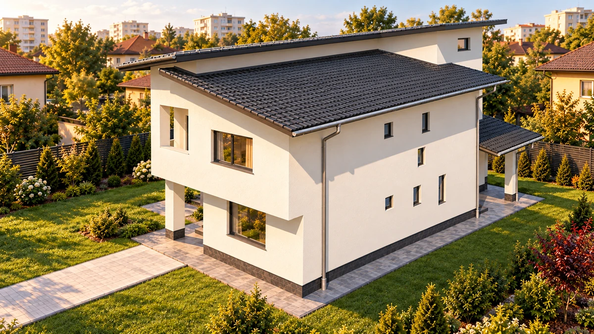 Casă cu acoperiș asimetric și balcon protejat — randare 5
