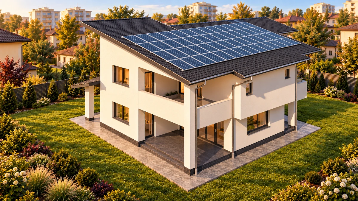 Casă cu acoperiș asimetric și balcon protejat — randare 6