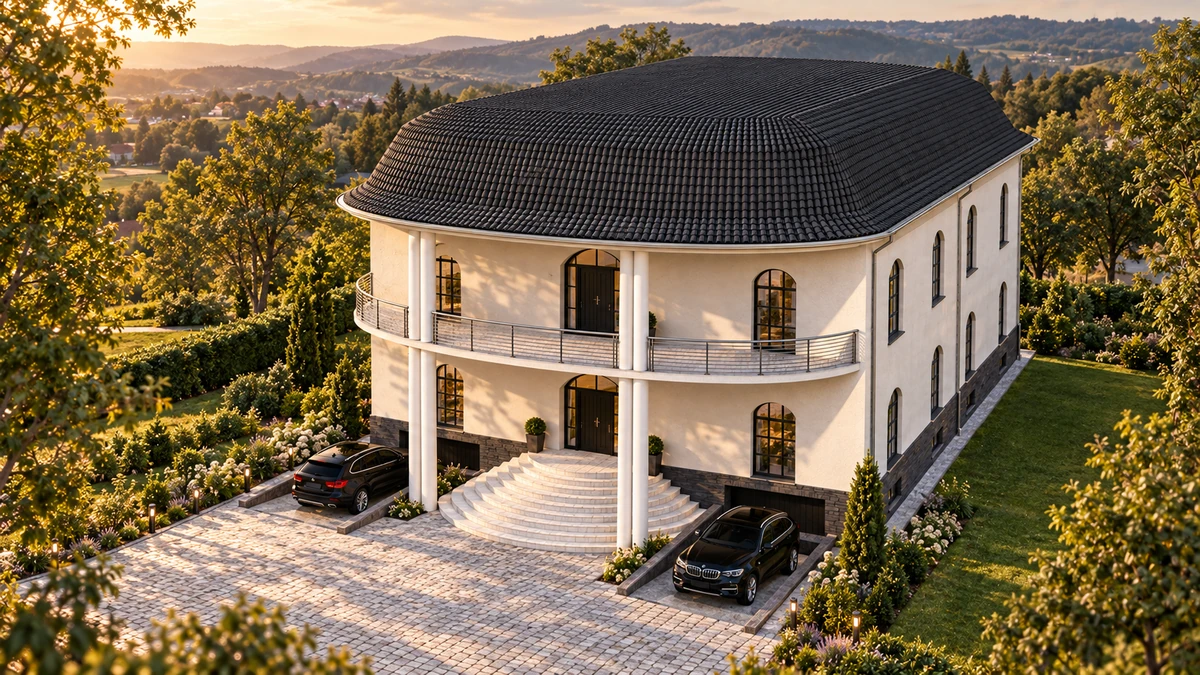 Casă cu balcon curbat și coloane înalte — randare 6