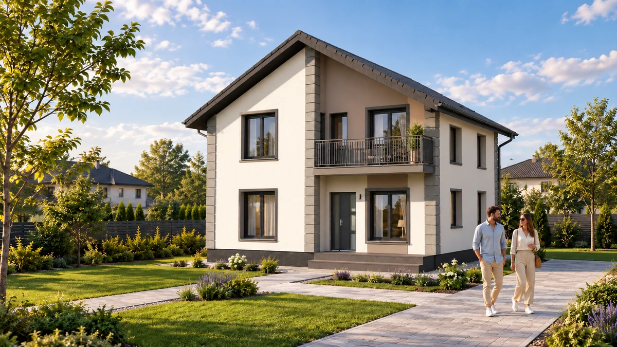 Casă compactă cu balcon și accent vertical — randare 1