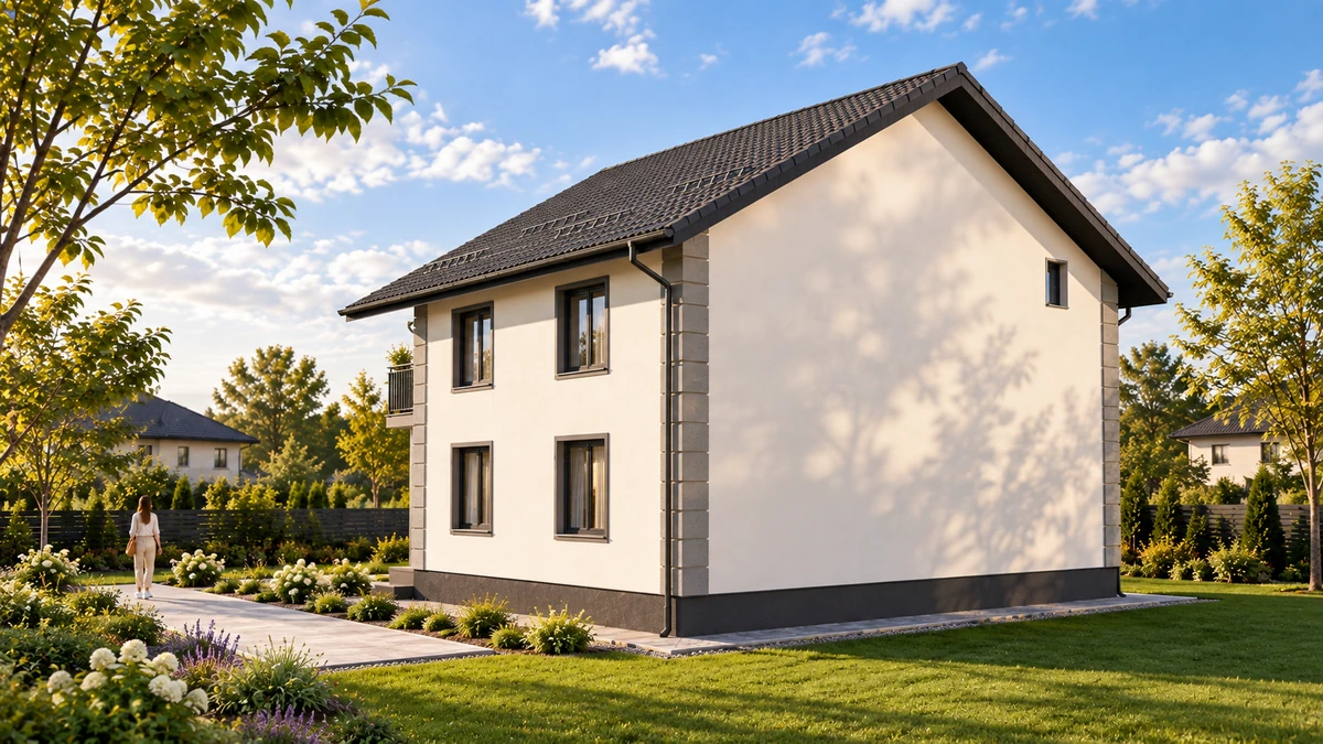 Casă compactă cu balcon și accent vertical — randare 2