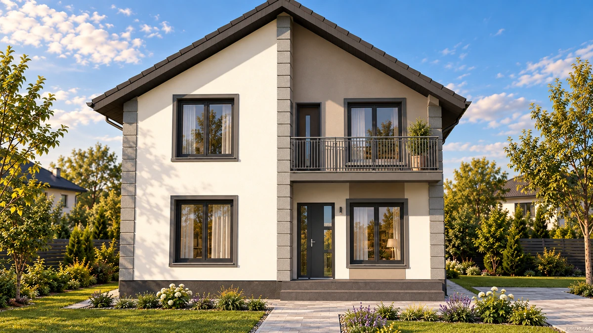 Casă compactă cu balcon și accent vertical — randare 3