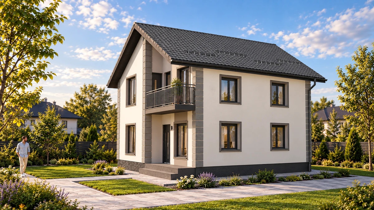 Casă compactă cu balcon și accent vertical — randare 4
