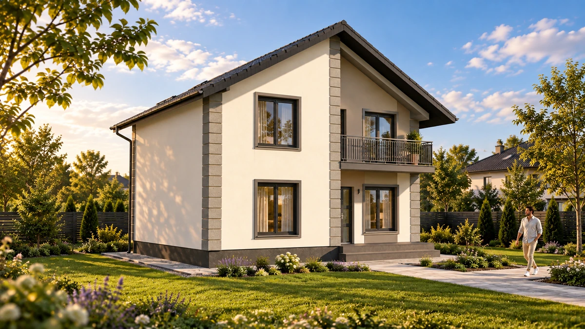 Casă compactă cu balcon și accent vertical — randare 5
