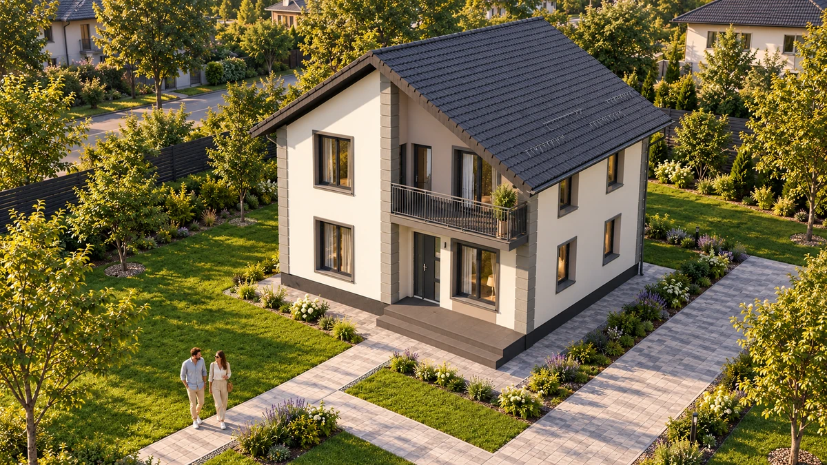 Casă compactă cu balcon și accent vertical — randare 6