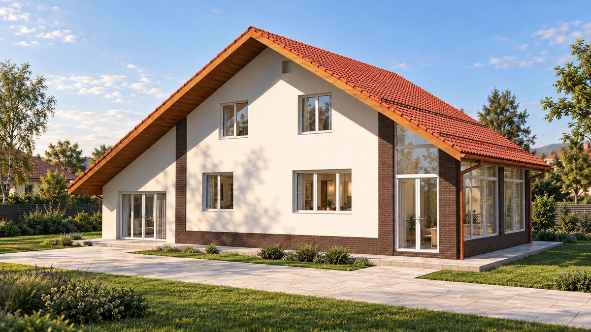 Casă cu acoperiș roșu și colțuri vitrate — randare 1