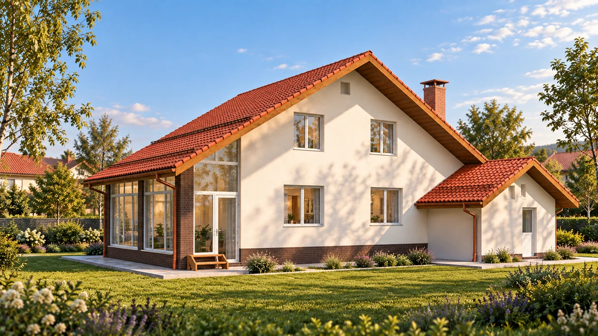 Casă cu acoperiș roșu și colțuri vitrate — randare 3