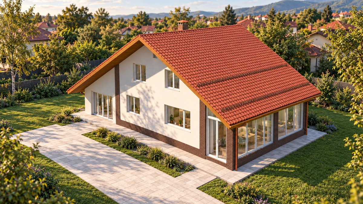 Casă cu acoperiș roșu și colțuri vitrate — randare 6