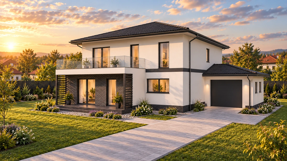 Casă cu balcon amplu și garaj lateral — randare 1