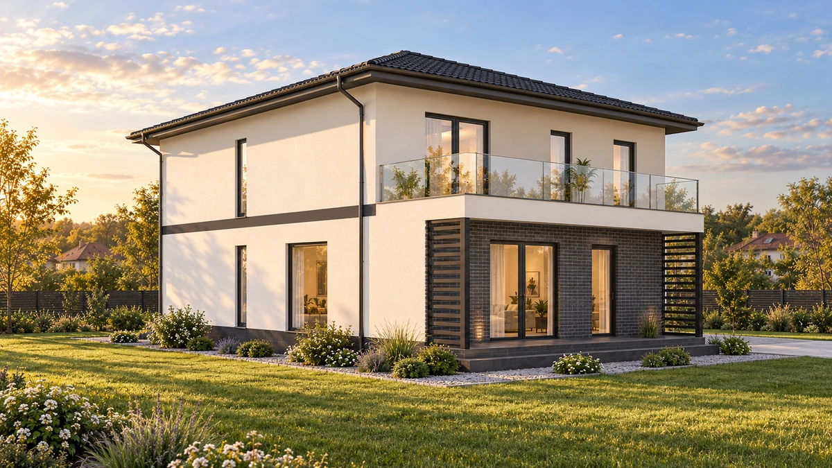 Casă cu balcon amplu și garaj lateral — randare 2