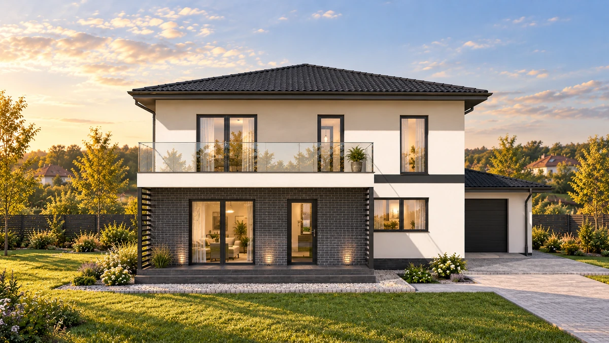 Casă cu balcon amplu și garaj lateral — randare 3